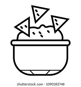 Tortilla chip or nachos tortillas with guacamole dip bowl line art icon for apps and websites