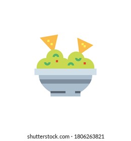 Tortilla chip or nachos tortillas with guacamole dip bowl flat vector color icon for apps and websites