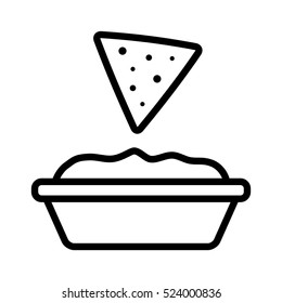 Tortilla chip or nachos tortillas with guacamole dip bowl line art vector icon for apps and websites