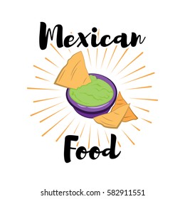 Tortilla chip or nachos tortillas with guacamole dip bowl flat color icon for apps and websites. Vector illustration