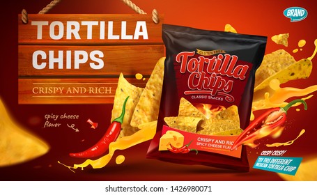 Tortilla chips ads with cheese sauce flying in the air in 3d illustration