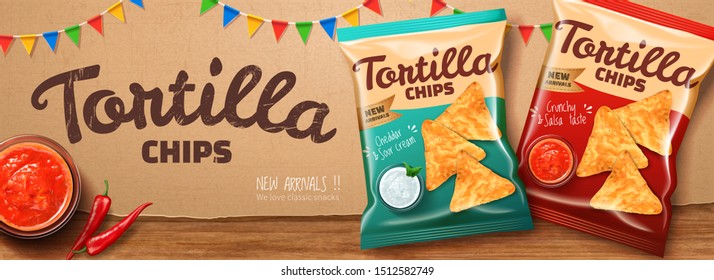 Tortilla Chips Ads With Chili And Salsa Sauce On Kraft Paper Background In 3d Illustration