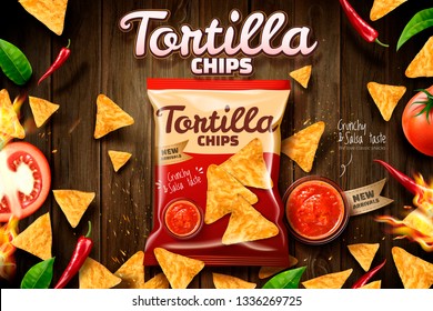 Tortilla chips ads with cookies package laying on wooden table background in 3d illustration