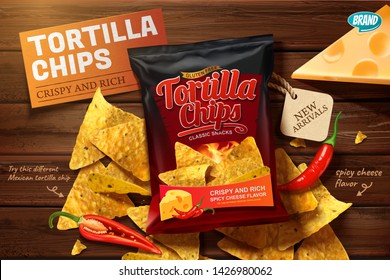 Tortilla chips ads with corn chips on wooden table in 3d illustration