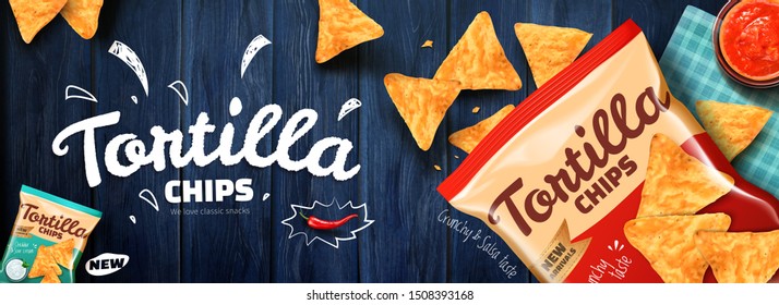 Tortilla-Chips-Werbung mit Cornflakes auf blauem Holzhintergrund auf 3D-Abbildung