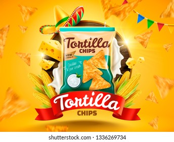 Tortilla chips ads with flying cookies and corns on yellow background in 3d illustration