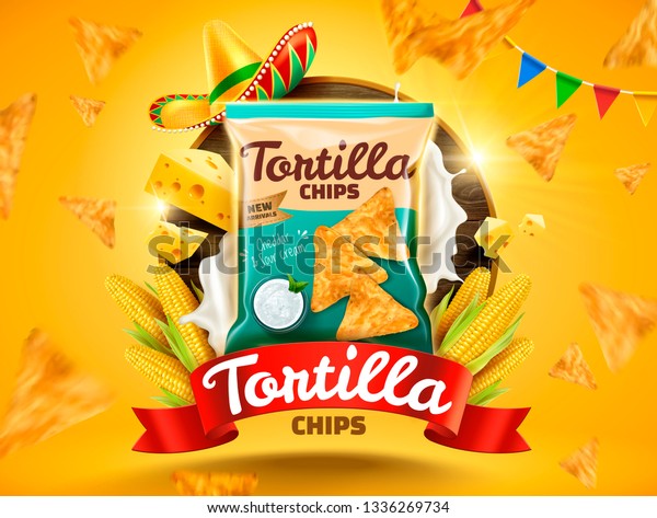 Tortilla Chips Werbung Mit Fliegenden Cookies Und Mais Stock Vektorgrafik Lizenzfrei
