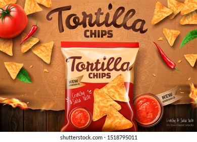 Tortilla Chips Ads With Salsa Sauce And Corn Flakes On Kraft Paper Background In 3d Illustration, Top View Perspective