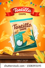 Tortilla chips ads with sour cream and flying corn flakes in 3d illustration