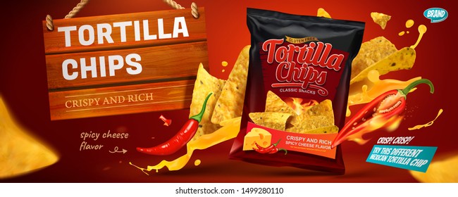 Tortilla chips banner ads with corn flakes and splashing cheese sauce in 3d illustration