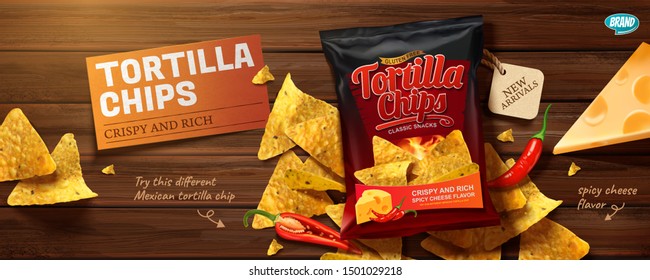 Tortilla chips banner ads with corn flakes and cheese in 3d illustration on wooden table, top view