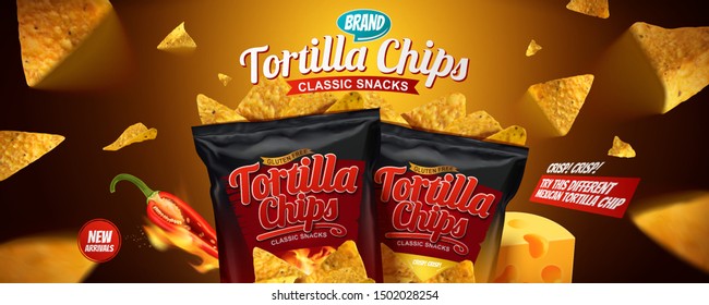 Tortilla chips banner ads with flying corn flakes in 3d illustration