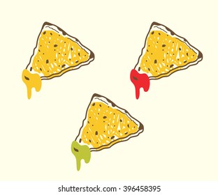 Tortilla chips with dips - guacamole, ketchup and cheese sauces. Doodle hand drawn vector illustration.