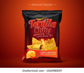 Tortilla chips foil bag package design in 3d illustration
