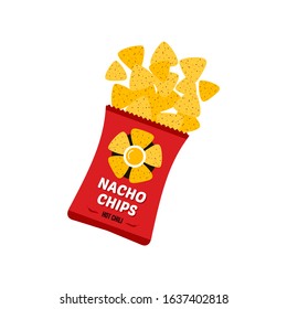 Tortilla chips, nachos falling into bright red package. Vector illustration. 
