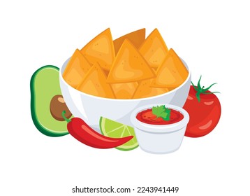 Tortilla chips or nachos icon set vector. Bowl of corn chips and garnish still life vector. Nachos tortilla chips, avocado, chili pepper, tomato and salsa sauce drawing. Salty snack nachos icon