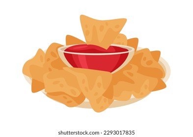 Tortilla chips with tomato salsa sauce. Vector illustration