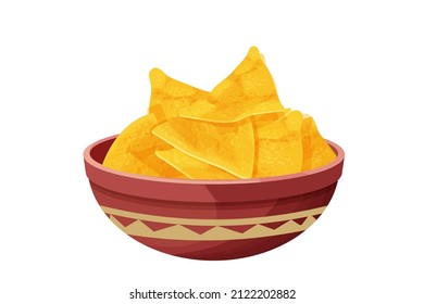 Tortilla chips, traditional Mexico nacho, triangle crisp food in bowl in cartoon style isolated on white background. Fast food, detailed meal. svg