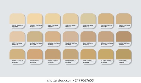 Tortilla Color Palette, Tortilla Color Guide Palette with Color Names. Catalog Samples of the Cream with RGB HEX codes and Names. Wood Color Palette Vector, Water-based paint Colors, and Fashion Cream