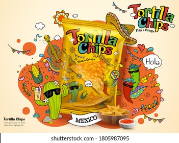 Tortilla corn chip bag in 3d illustration, ad design with cute cartoon cactus and chili illustrations on the background