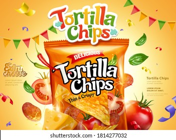 Tortilla corn chips ad with fresh ingredients on yellow background, 3d illustration