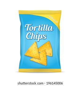 Tortilla corn chips packet bag, isolated on white background, vector illustration