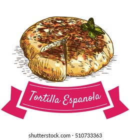 Tortilla Espanola colorful illustration. Vector illustration of Spanish cuisine.