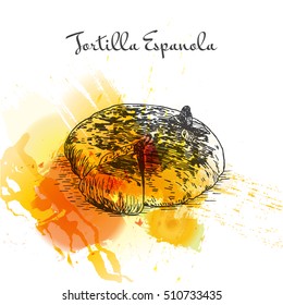 Tortilla Espanola colorful watercolor effect illustration. Vector illustration of Spanish cuisine.