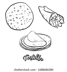 Tortilla food sketch separated on white. Vector drawing of Flatbread, usually known in Mexico. Food illustration series.