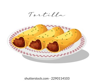 Tortilla with meat and vegetables on a plate, latin american cuisine. National cuisine of Mexico. Food illustration, vector	
