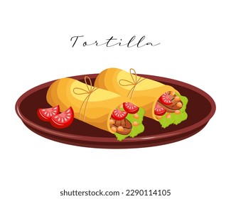 Tortilla with meat and vegetables on a plate, latin american cuisine. National cuisine of Mexico. Food illustration, vector	
