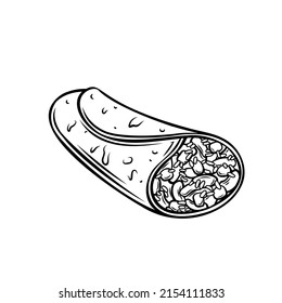 Tortilla mexican dish outline vector llustration. Burritos with beans corn avocado rice. Drawn monochrome illustration in retro style .