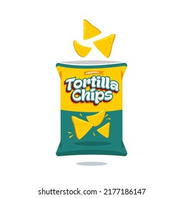 Tortilla Nacho Bag. Blue And Yellow Snack Tortilla Chip Bag Plastic Packaging Design Illustration Icon For Food And Beverage Business, Potato Snack Branding Element Logo Vector. 