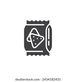 Icono del vector de la bolsa de nachos de la tortilla. signo plano lleno para el concepto móvil y el diseño web. Icono de glifo de empaquetado de chips. Símbolo de bocadillos, ilustración de logotipo. Gráficos vectoriales