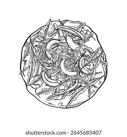 Tortilla ou pizza com árgula, fatias de abacate, feijão e ilustração de tinta de arte de linha de milho em preto e branco. Farinha de milho monocromática desenho gráfico de tortillas mexicanas. Para embalagens de alimentos saudáveis.