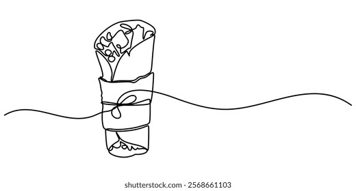 Tortilla roll Drawing, Single continuous line drawing burritos wrapped in rolls of paper and string. Meals to take home. Savory meat dishes. Eat with family. Yummy. National Burrito Day. One line pro.