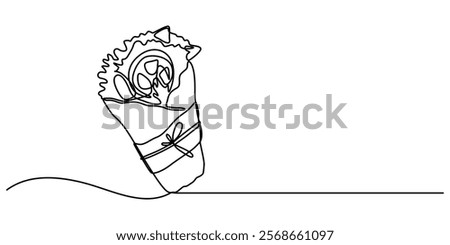 Tortilla roll Drawing, Single continuous line drawing burritos wrapped in rolls of paper and string. Meals to take home. Savory meat dishes. Eat with family. Yummy. National Burrito Day. One line pro.