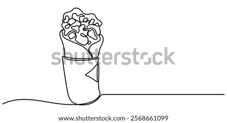 Tortilla roll Drawing, Single continuous line drawing burritos wrapped in rolls of paper and string. Meals to take home. Savory meat dishes. Eat with family. Yummy. National Burrito Day. One line pro.