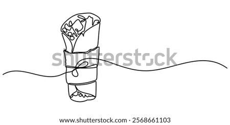 Tortilla roll Drawing, Single continuous line drawing burritos wrapped in rolls of paper and string. Meals to take home. Savory meat dishes. Eat with family. Yummy. National Burrito Day. One line pro.
