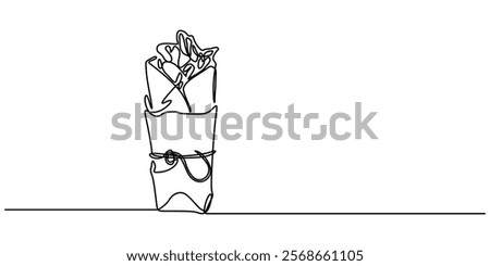 Tortilla roll Drawing, Single continuous line drawing burritos wrapped in rolls of paper and string. Meals to take home. Savory meat dishes. Eat with family. Yummy. National Burrito Day. One line pro.