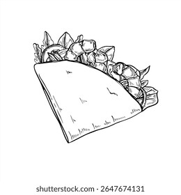 Tortilla wrap filled with shrimp, vegetables, and salad leaves, folded in quarters black and white vector illustration. Mexican street food for menu, packaging, and healthy eating project