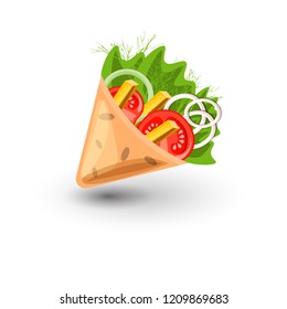 Tortilla wrap vector cartoon illustration. Mexican burritos with french fries and vegetables Icon. Mexican Wraps Wrapped tortilla and burrito with fillings from vegetables, greens, fries isolated on