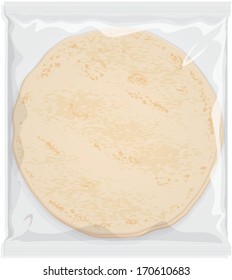 Tortilla Wrap Wheat Flour Or Maize Flatbread In Clear Plastic Or Cellophane Film Pack. Vector Visual On White Background. Fully Adjustable & Scalable.