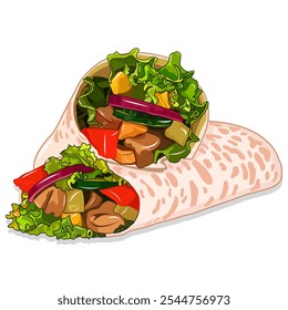 Tortilla wraps with meat, lettuce, onions, and peppers.
suitable for food blogs, restaurant menus, Mexican cuisine promotions, recipe websites, social media posts, food magazines, and cookbooks.