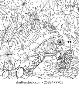 Tortoise amongst tropical flowers, colouring page book design, outline. Vector.