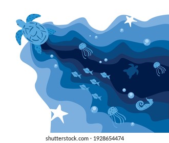 Tortoise animal and fishes at sea design life ecosystem fauna and ocean theme Vector illustration