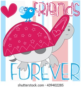tortoise in a baseball cap with stripes background and blue bird and hearts vector illustration
