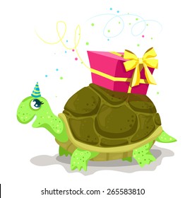 Tortoise with a bright present on it's back. Funny illustration for holiday. The tortoise has a holiday cone hat and the confetti flying around.