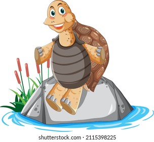 Tortoise with brown shell sitting on a rock illustration