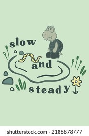 TORTOISE BUGS POND GRASS AND STONE SLOW AND STEADY FAMOUS MORAL STORY SLOGAN GRAPHIC VECTOR 